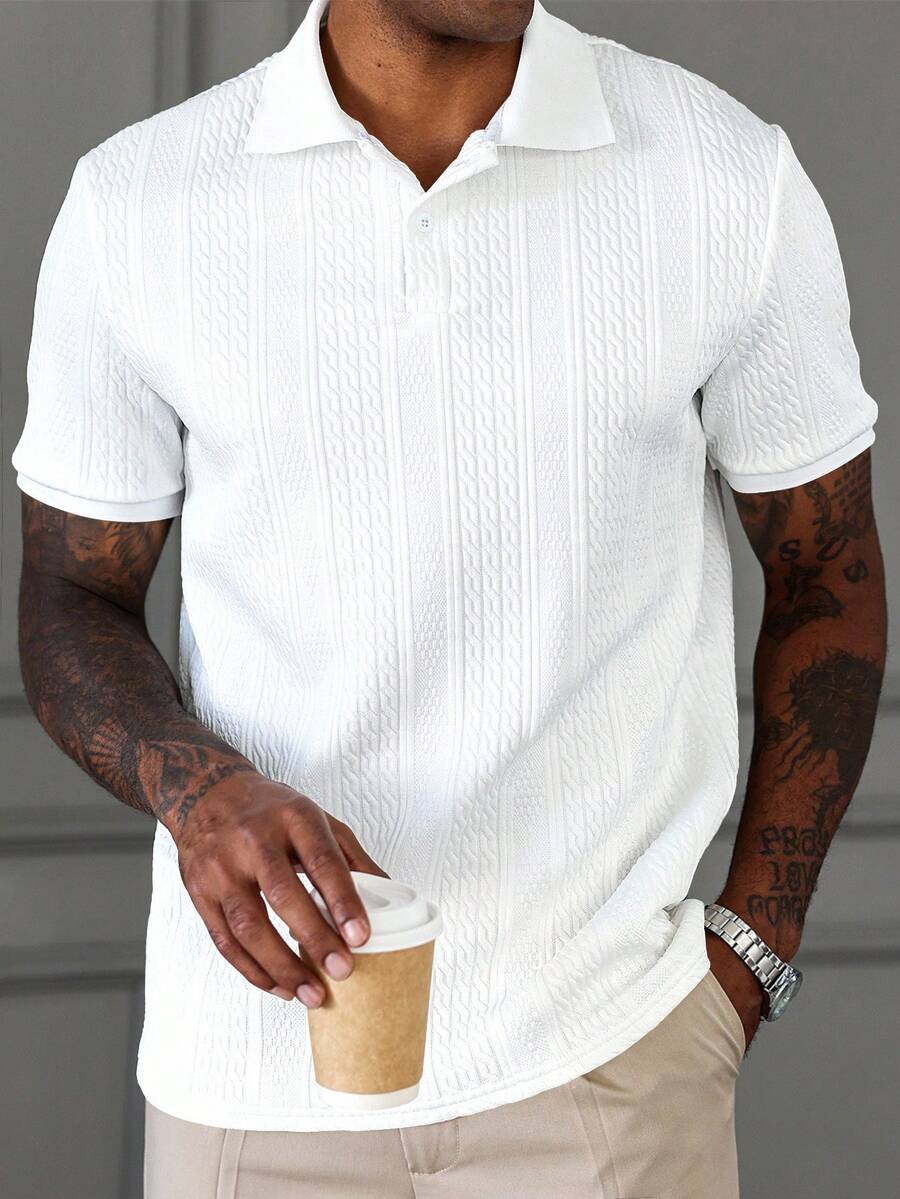 Manfinity Homme Herren weiß geometrisch gestreiftes strukturiertes Poloshirt