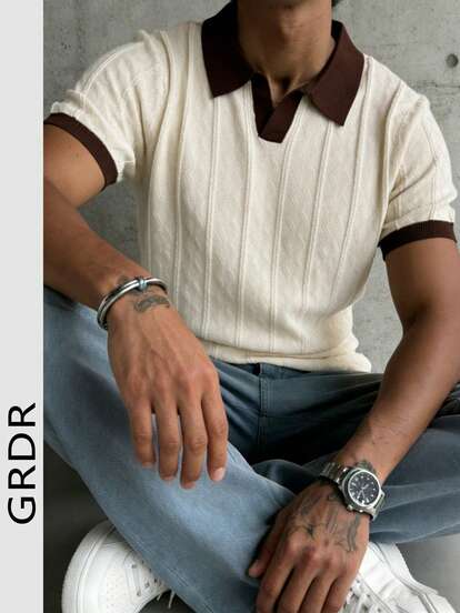 GRDR Herren Sommer Möwenkragen einfarbiger Kurzarm Strickpullover