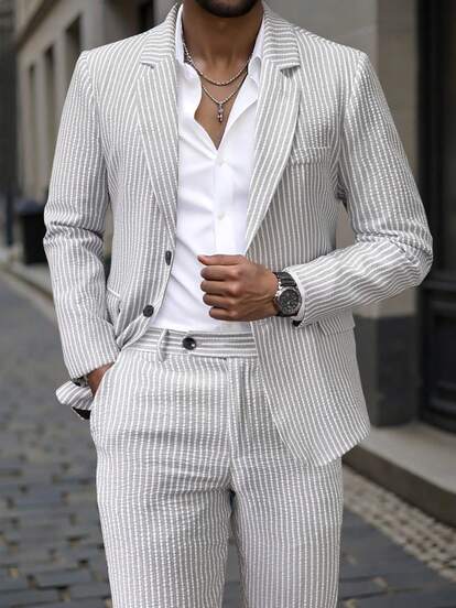 Manfinity Mode Herren Grau gestreifter strukturierter Frühlings-Blazer Anzug